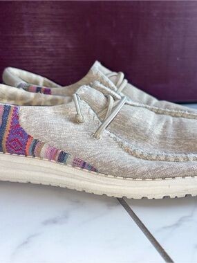 Hey Dude Women's Slip-On Loafers in Light Beige with Multicolor Trim